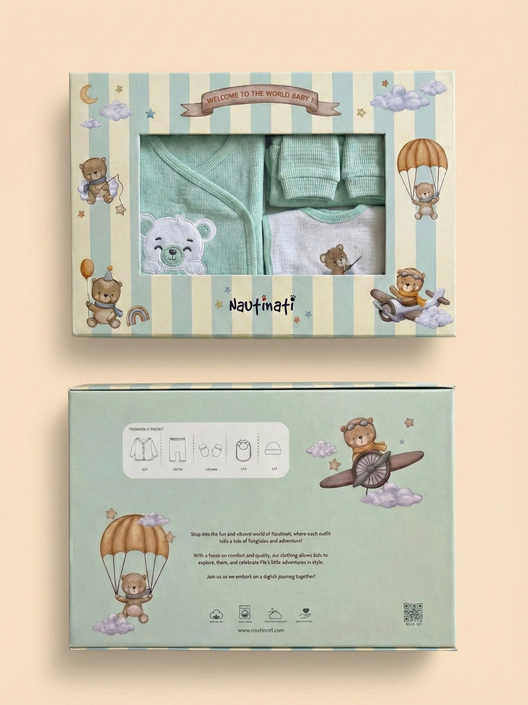 Nautinati Baby Boys Waffle 100% Cotton Teddy Placement Print 5-pieces Gift Set with Top, Bottoms, Bib, Cap & Mittens