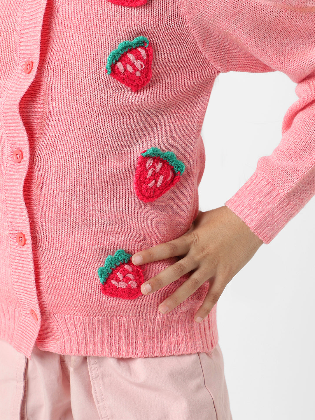 Nautinati Girls Peach Strawberries Embroidered Full Sleeves Acrylic Cardigan Sweater