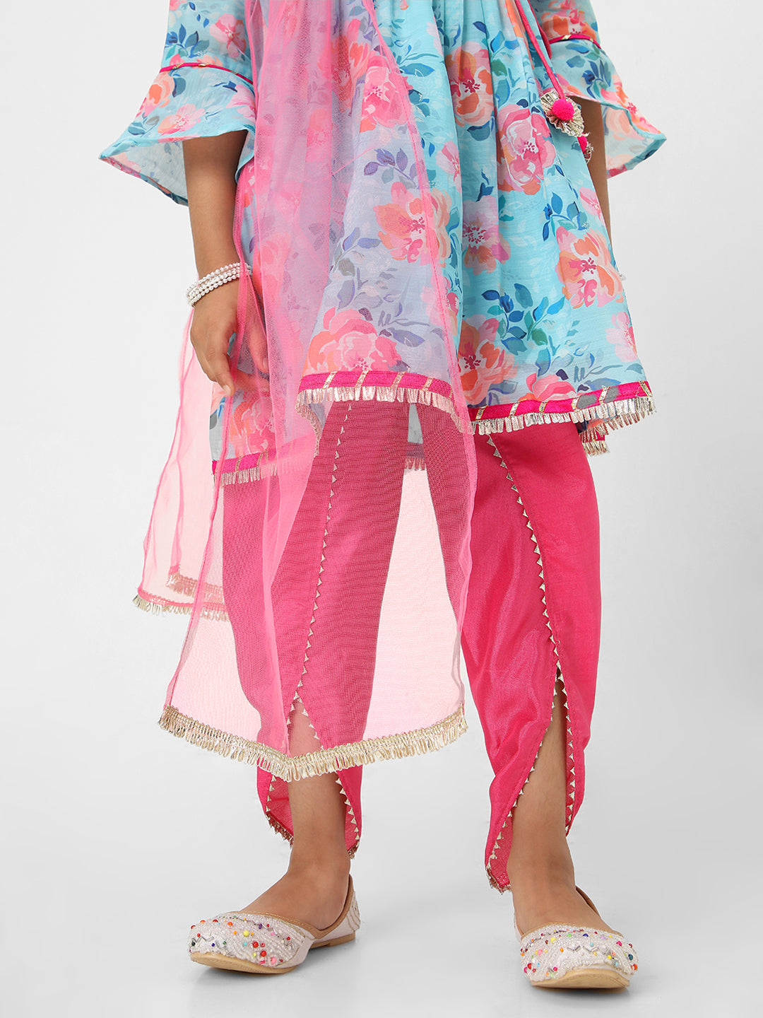 Nautinati Girls' Printed Chanderi Kurta Set with Dupatta