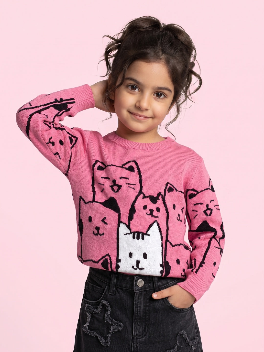 Nautinati Girls Relaxed Fit Pink Cats Round Neck Full Sleeves Sweater