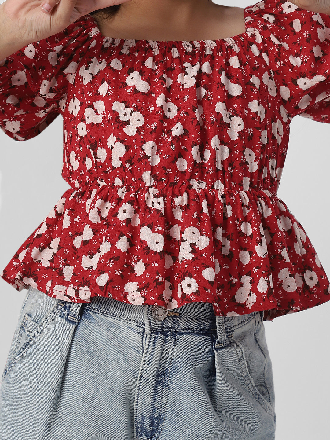 Nautinati Girls Floral Print Puff Sleeve Fit and Flare Top