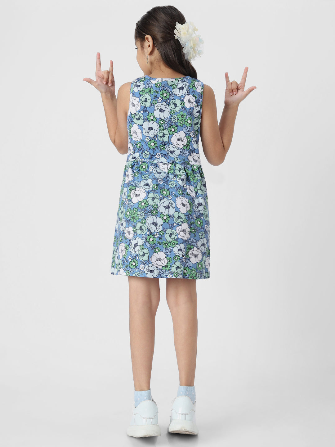 Girls Blue Floral Printed Sleeveless Round Neck A-Line Dress