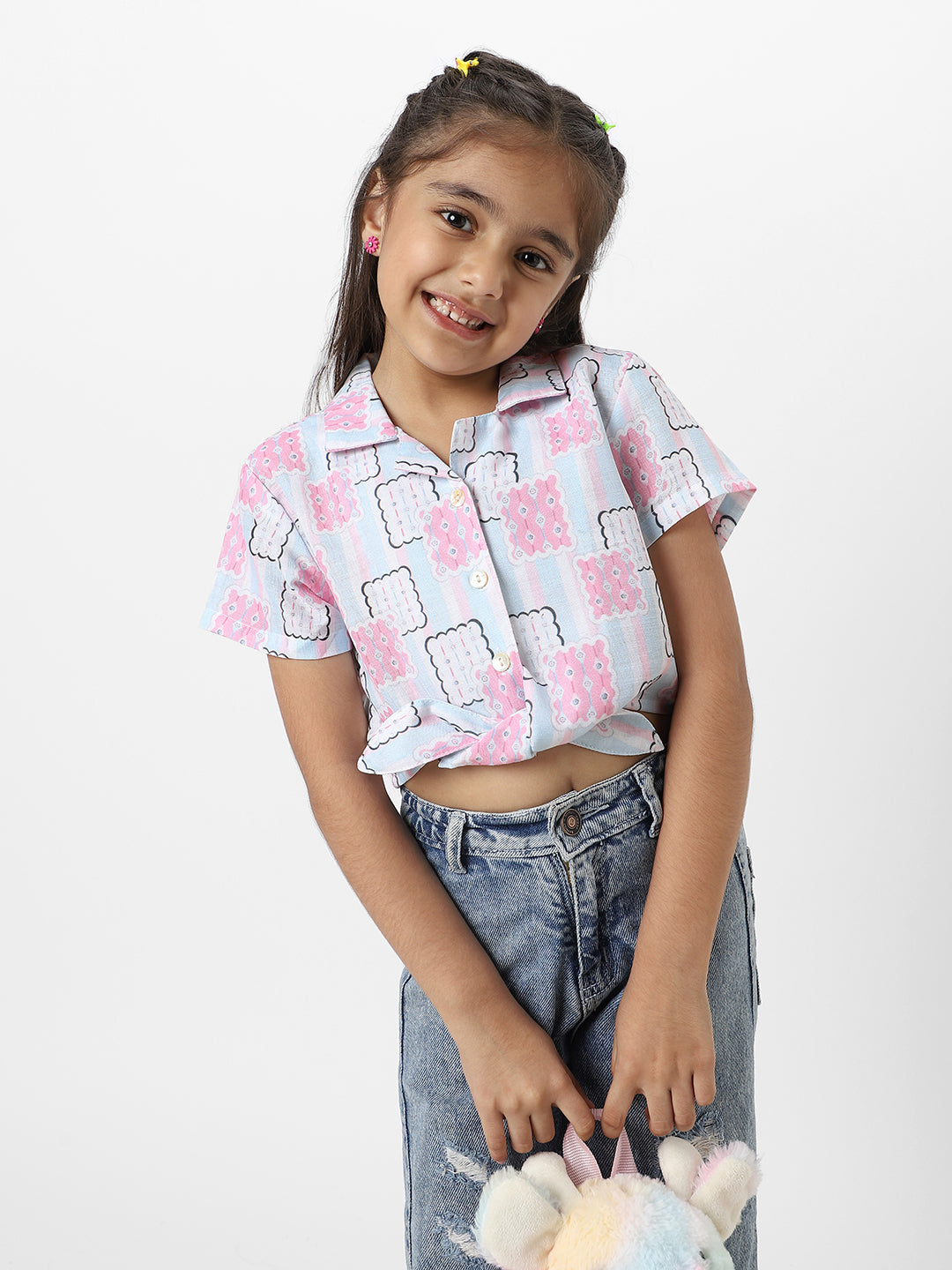 Nautinati Girlsâ€™ Pink And Blue Cotton Geometric Printed Everyday Wear Crop Shirt With Tie-Up Detail