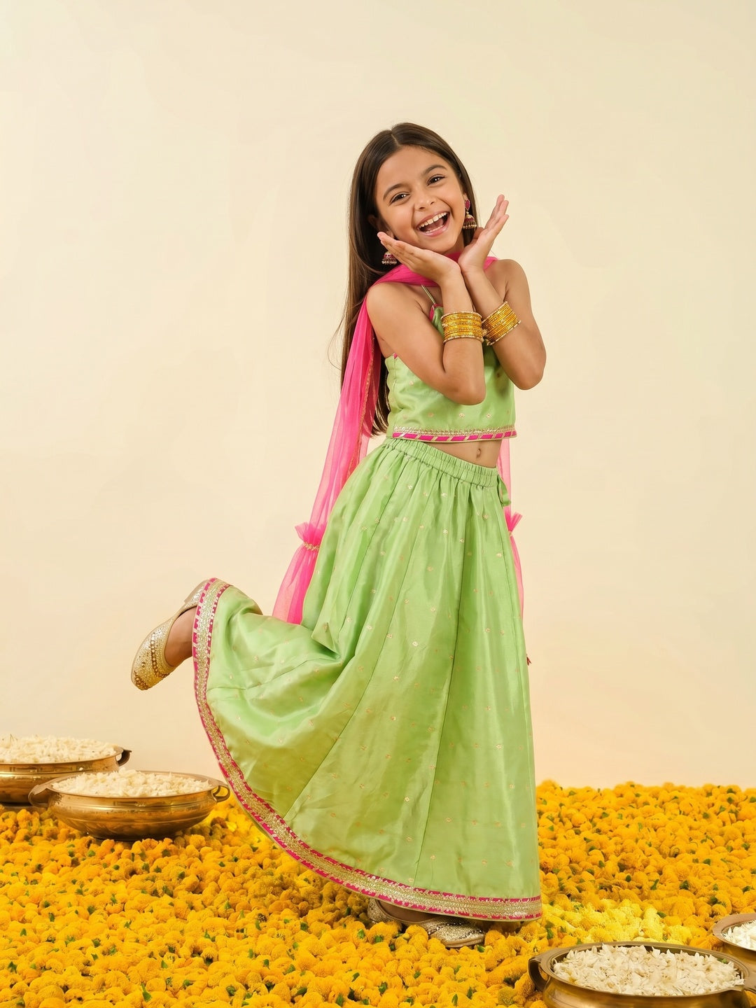 Nautinati Girls' All-over Gold Print Lehenga Choli Set with Net Dupatta & Gotta Patti Details