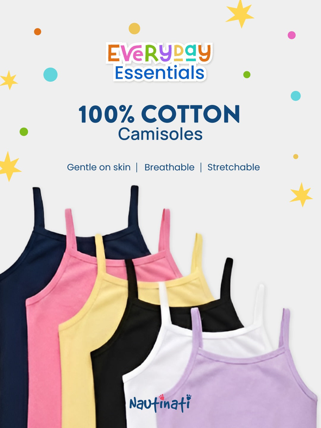 Nautinati Girls' 100% Cotton Pack of 2 Solid Essentials Camisoles