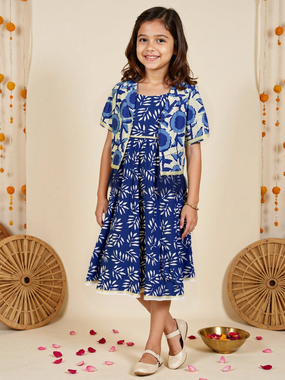 Nautinati Girls' Cotton Festive Printed Dress with Jacket | Age 2 - 10 Years
