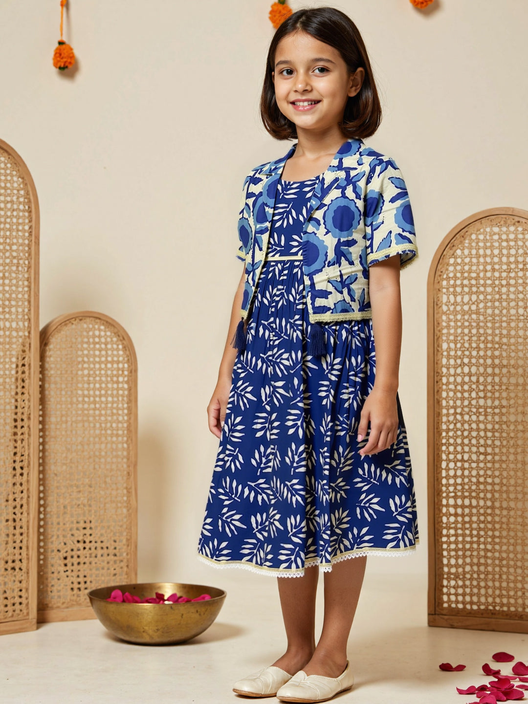 Nautinati Girls' Cotton Festive Printed Dress with Jacket | Age 2 - 10 Years