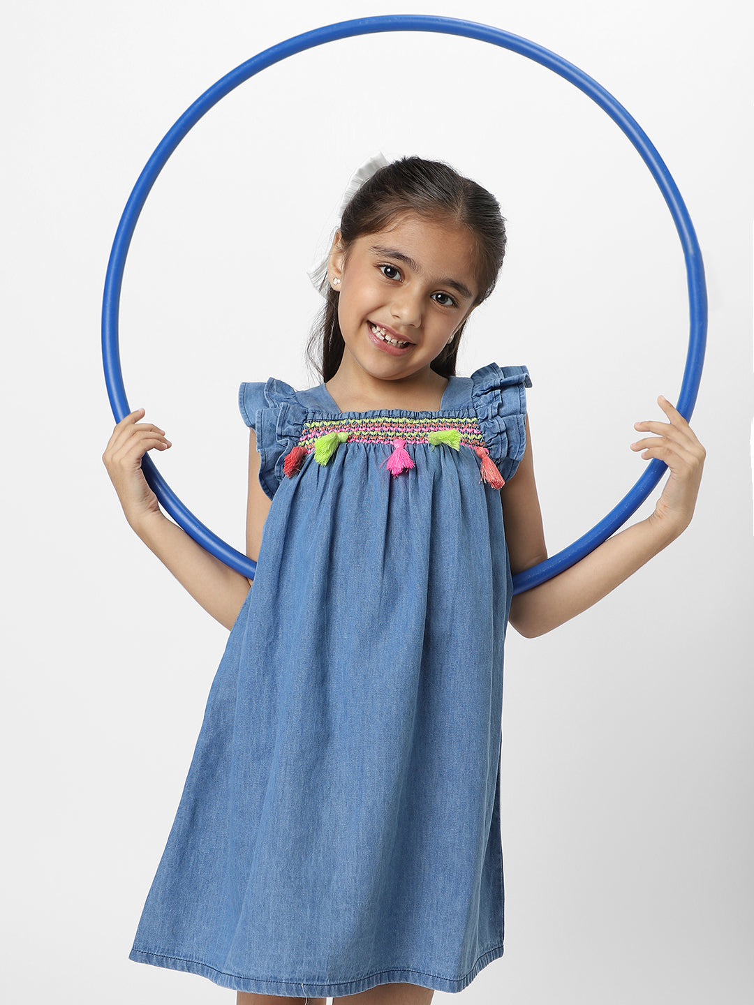 Nautinati Girls Embroidered Taselled Sleeveless Casual Wear Denim Dress