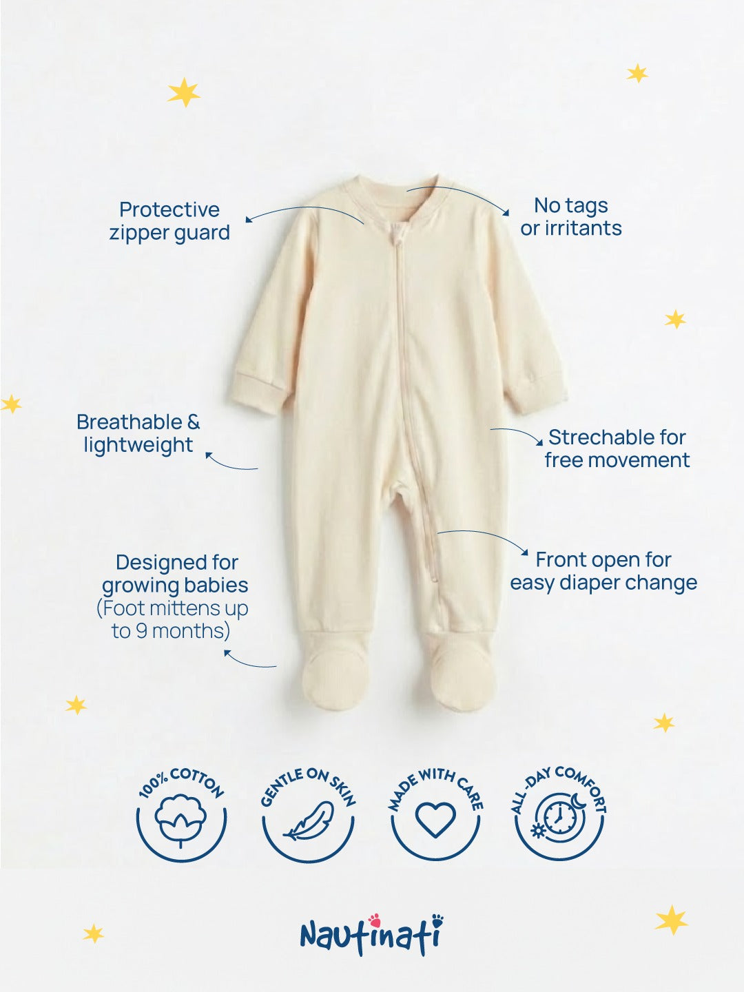 Nautinati Baby Boys Regular Fit Hooded Koala Fur Sleepsuit with Front Zip