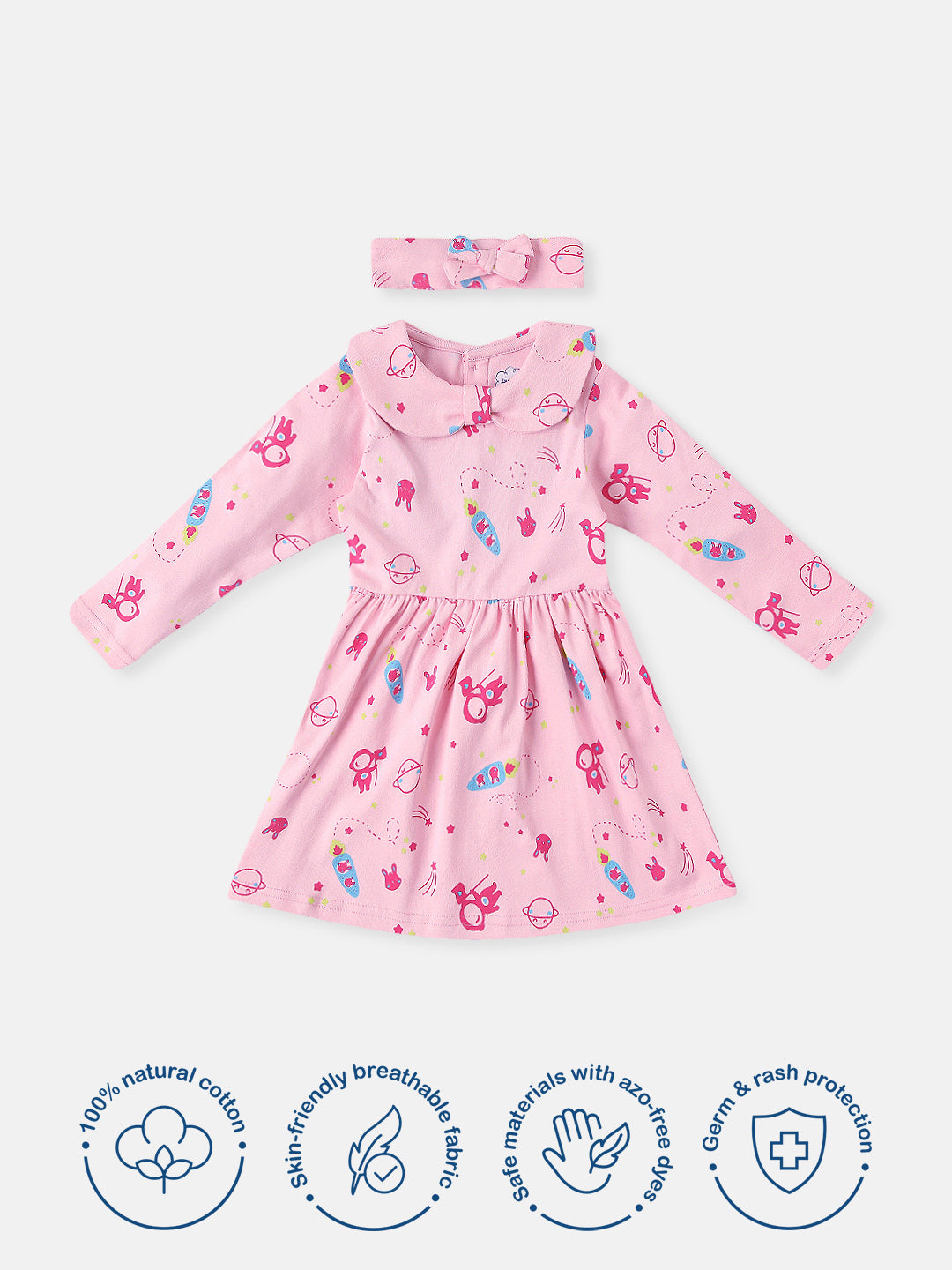 Nautinati Infants Cotton Peter Pan Bow Collar Printed Dress with Headband