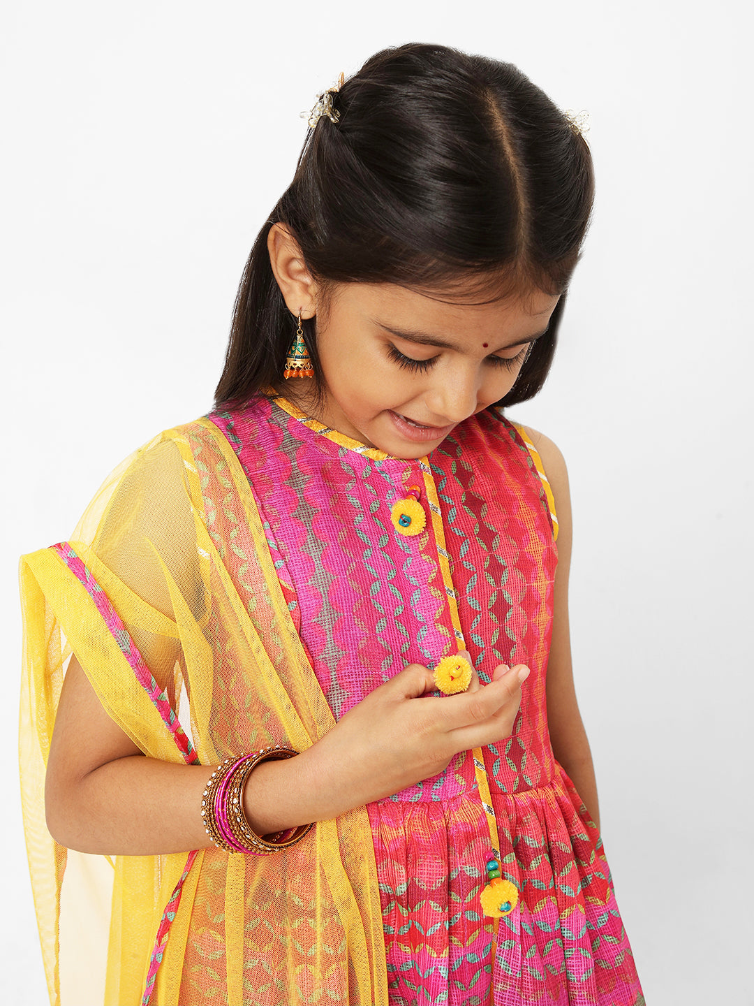 Nautinati Girls' Printed Sleeveless Kurta Set with Dupatta