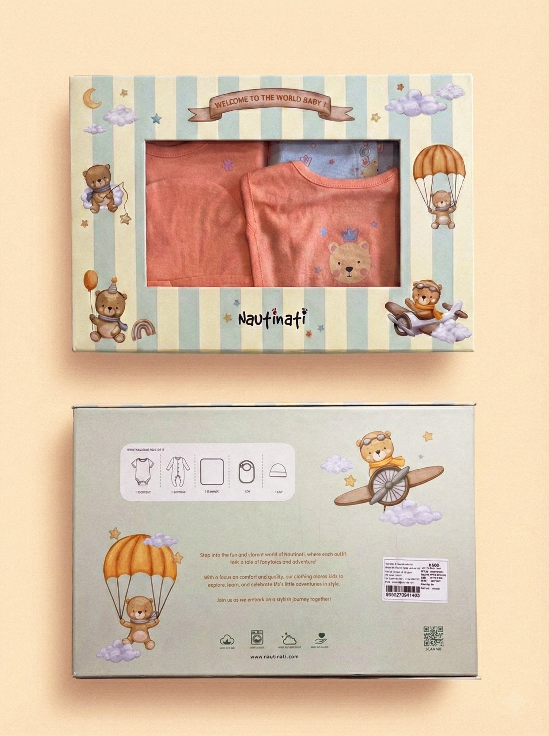 Nautinati Baby Boys 100% Cotton All-over & Placement Teddy Print 5-pieces Gift Set