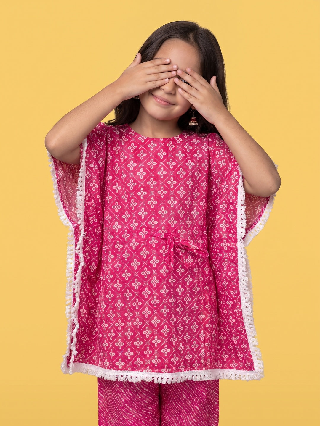 Nautinati Girls Pink Block Print Kaftan and Palazzo Set, 2-10Y