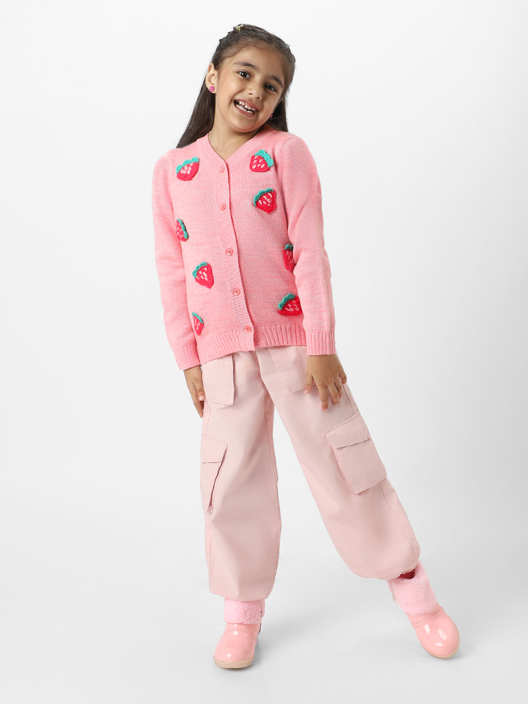 Nautinati Girls Peach Strawberries Embroidered Full Sleeves Acrylic Cardigan Sweater