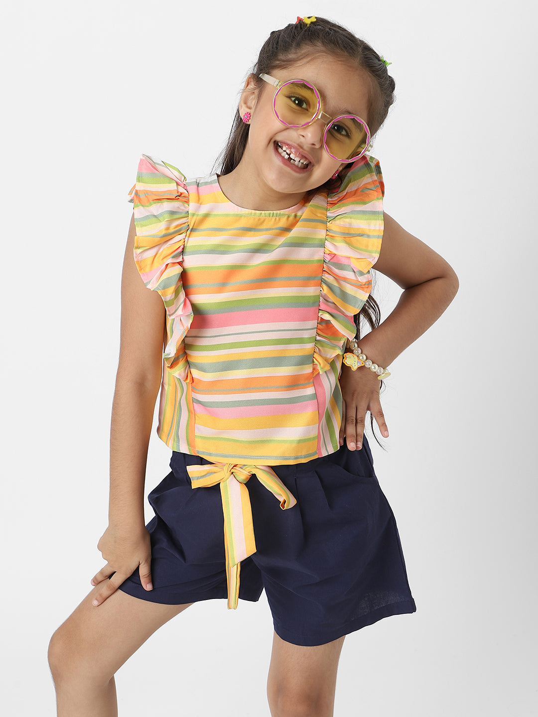 Nautinati Girls' Combo Set of Striped Sleeveless Top with Matching Belt and Solid Shorts