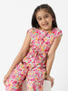 Nautinati Girls' Crepe Cotton Textured Fabric Floral Jumpsuit with Matching Tie-up Belt