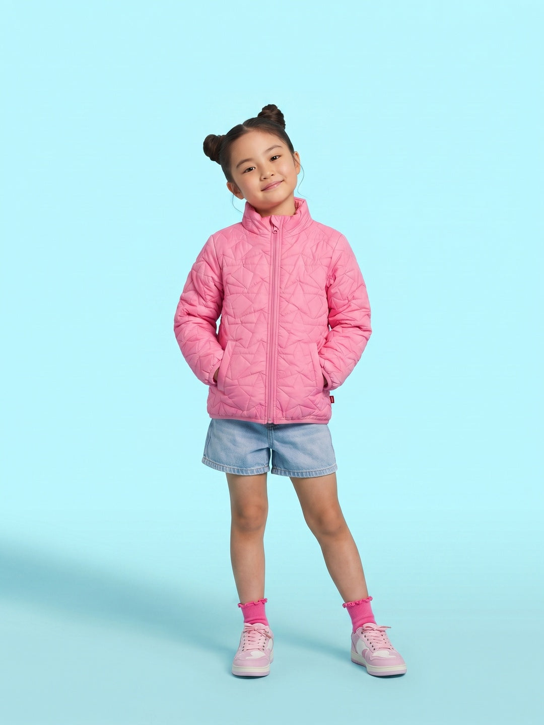 Nautinati Pink Quilted Star Pattern Puffer Jacket for Girls