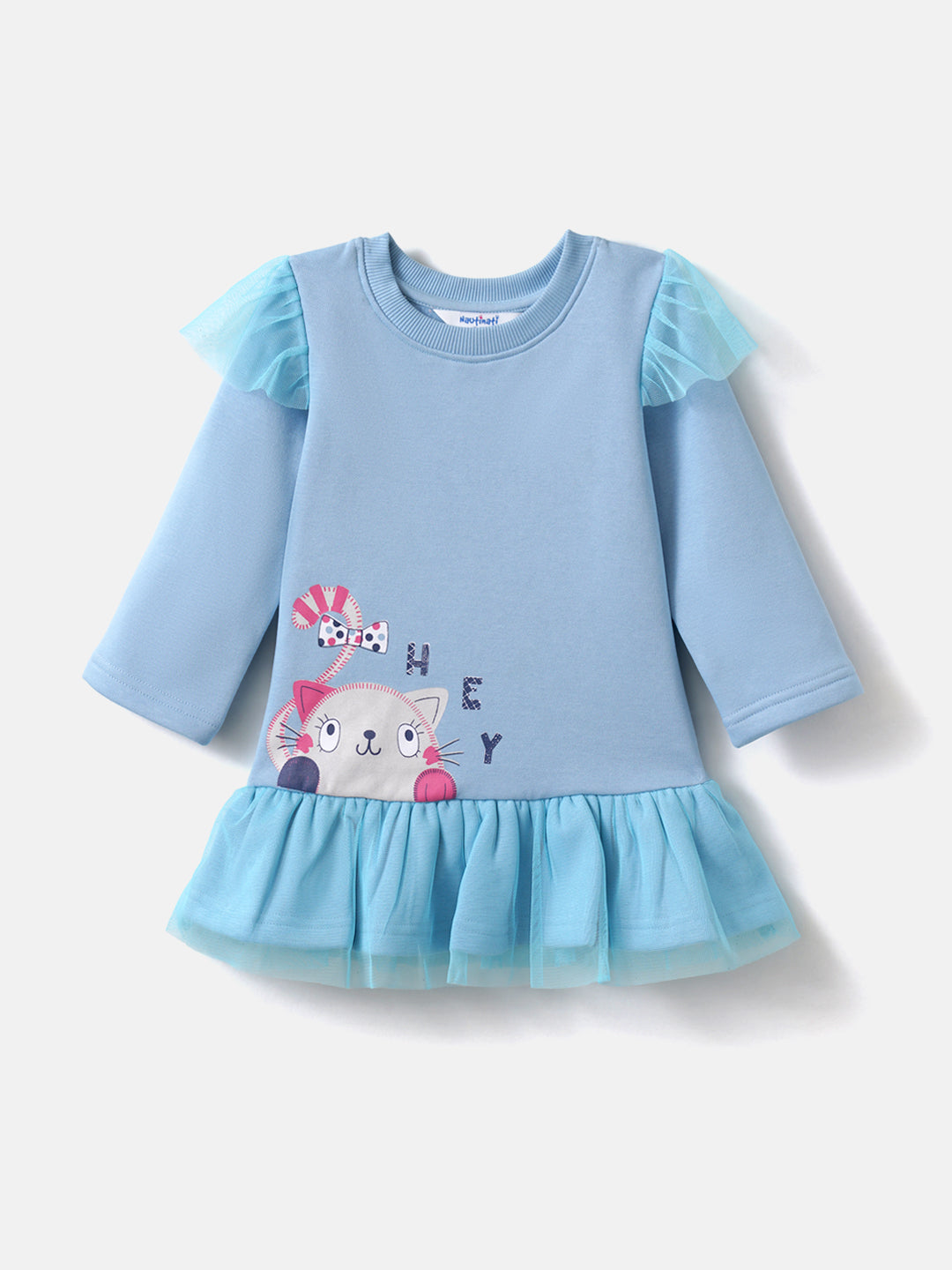 Nautinati Girls' Cat Print Full Sleeve Fleece Dress with Frills