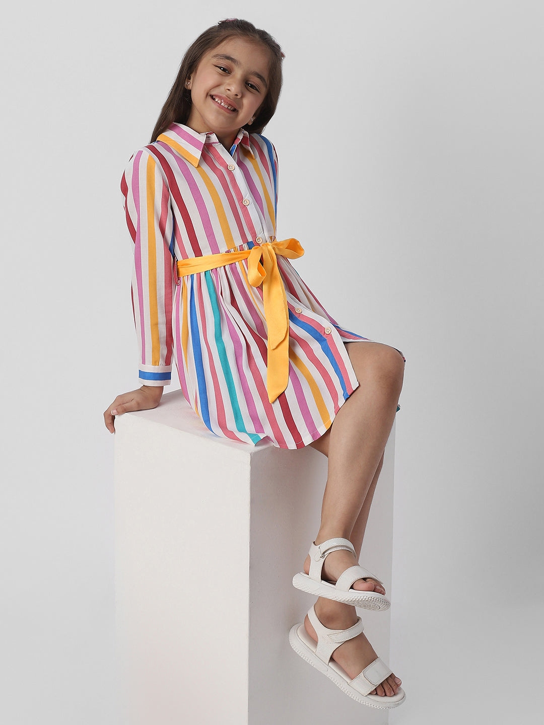 Nautinati Girls Striped Multicolour Shirt Dress