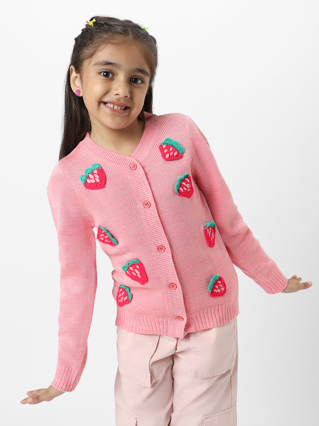 Nautinati Girls Peach Strawberries Embroidered Full Sleeves Acrylic Cardigan Sweater