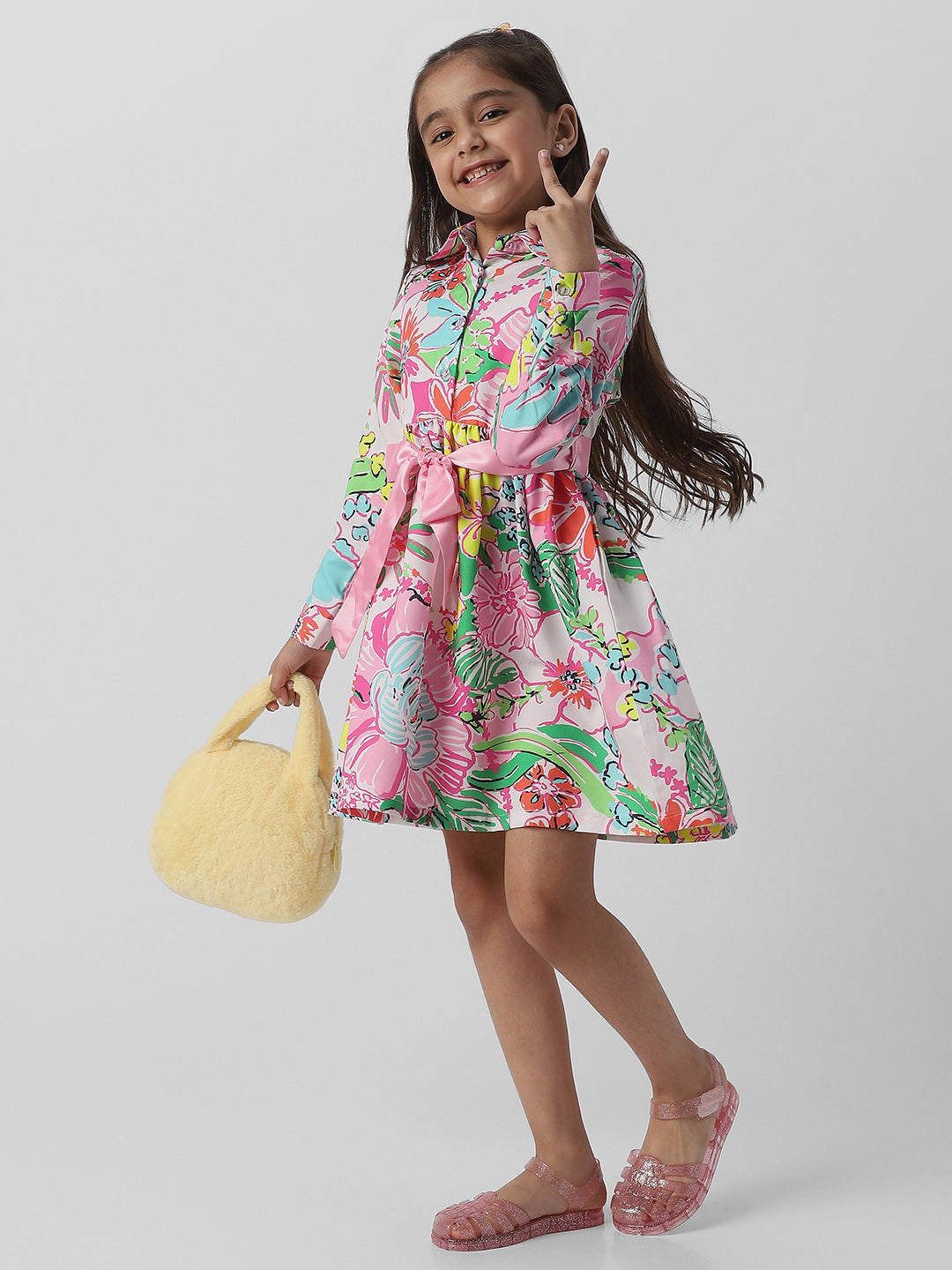 Nautinati Girls Shirt Frock With Ribbon at Waist