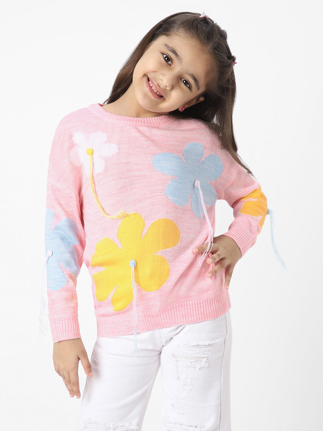 Girls Floral Knit Sweater With Playful Tassels