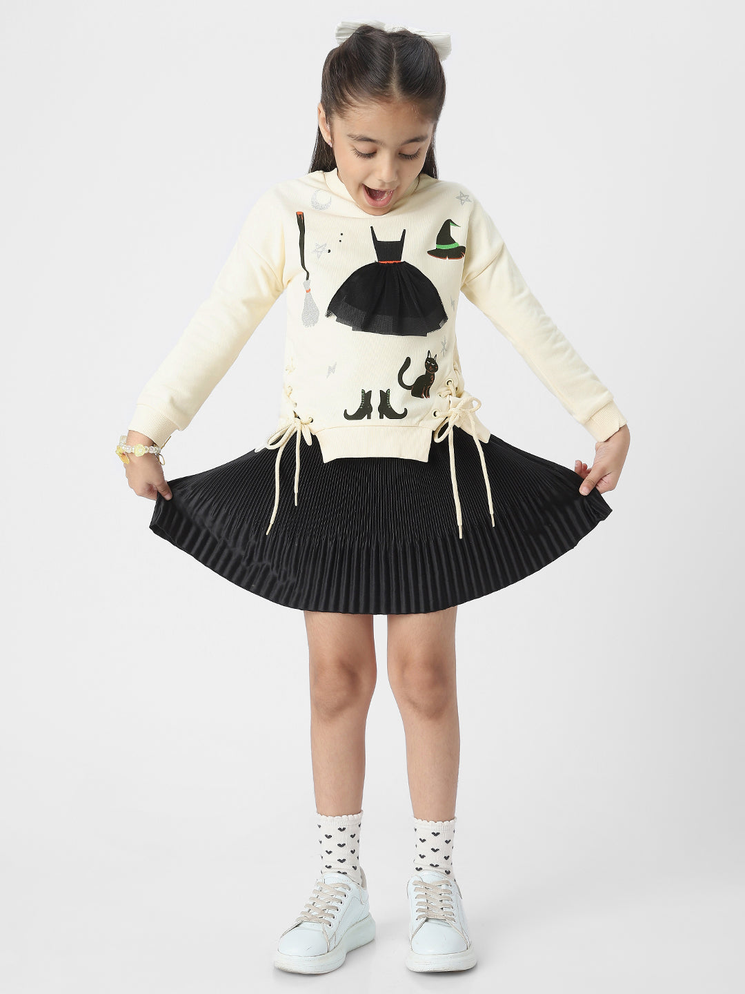 Girls Halloween-Themed Sweatshirt With Lace Inserts