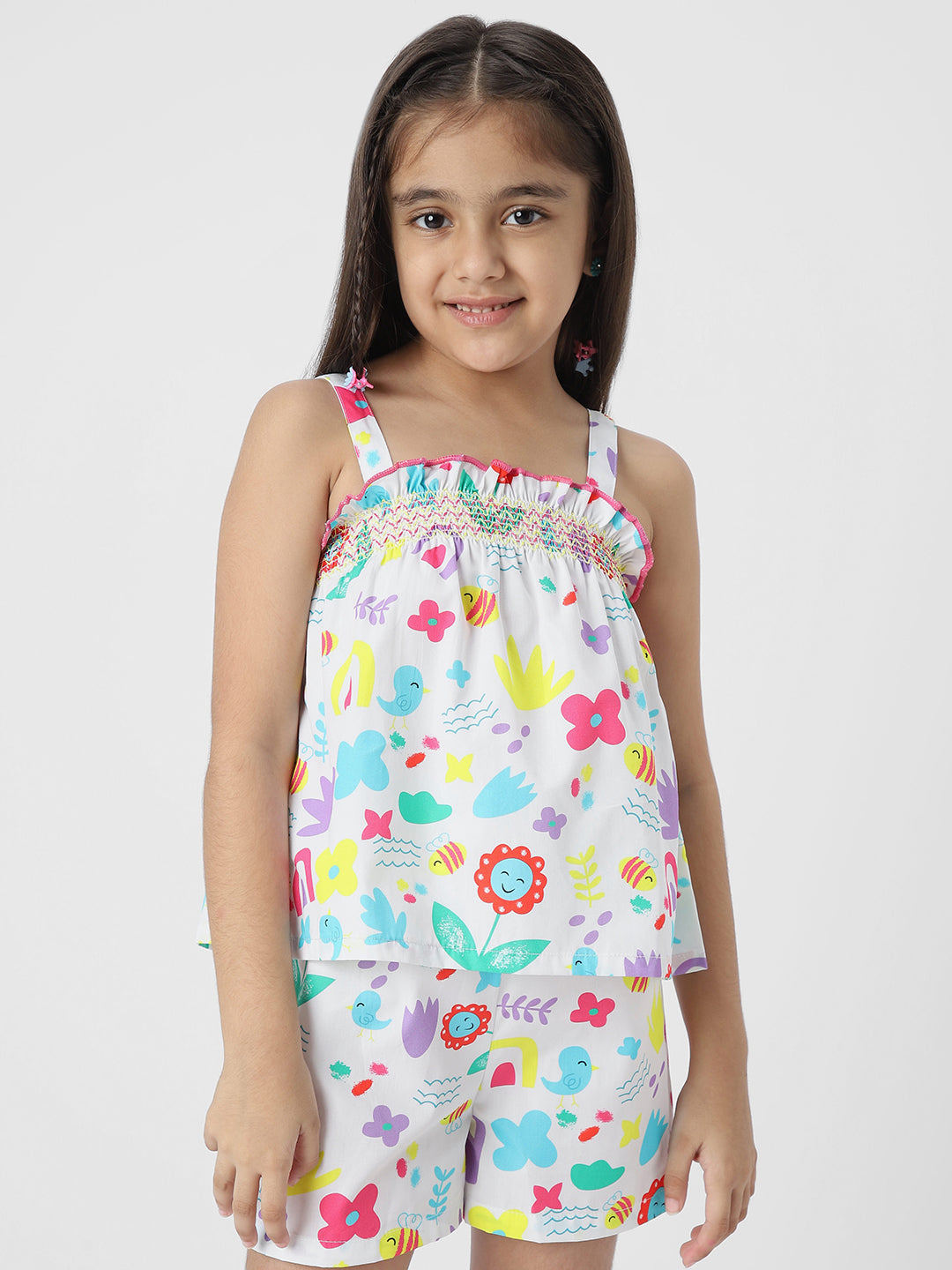 Nauti Nati Girls Printed Shoulder Strap Pure Cotton Top with Shorts