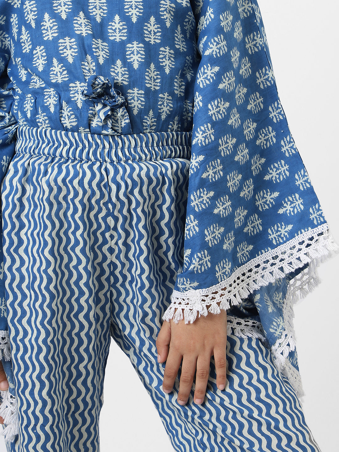 Nautinati Girl's Block Printed Blue Kaftaan Ethnic Set