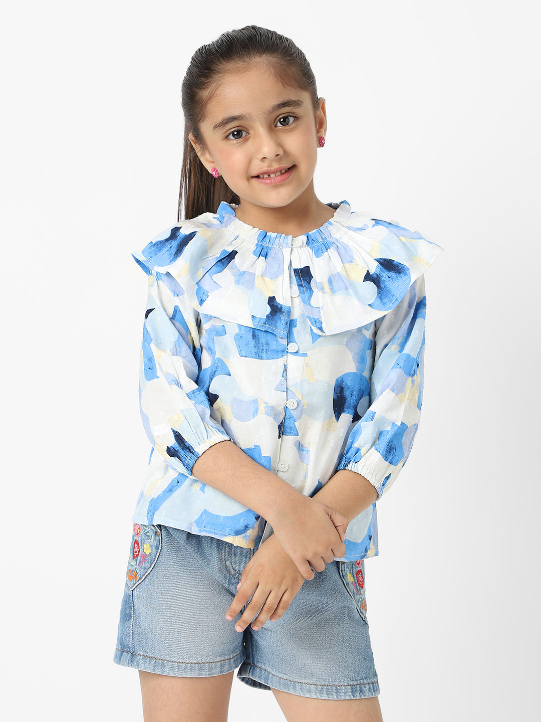 Nautinati Girls' Cotton Swiss Dot Top With Stylised Neckline