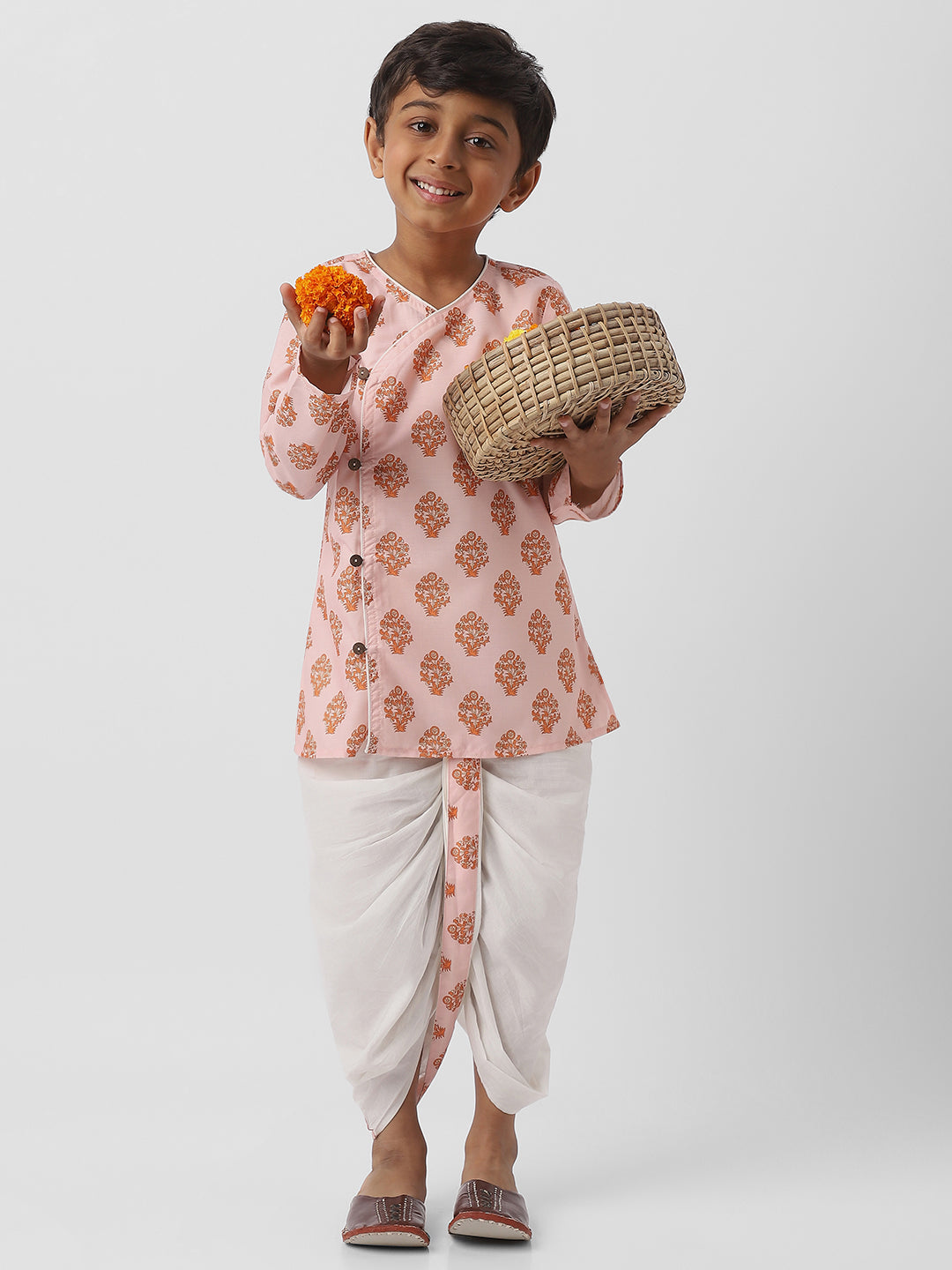 Nautinati Boys Cotton Block Print Kurta Dhoti Set