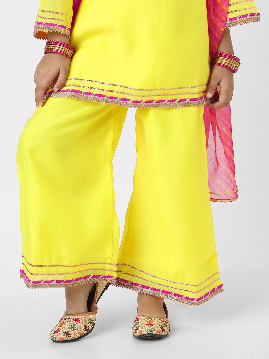 Nautinati Girls' Yellow Tassel Detail Occasion Wear Kurti Set With Printed Chiffon Dupatta