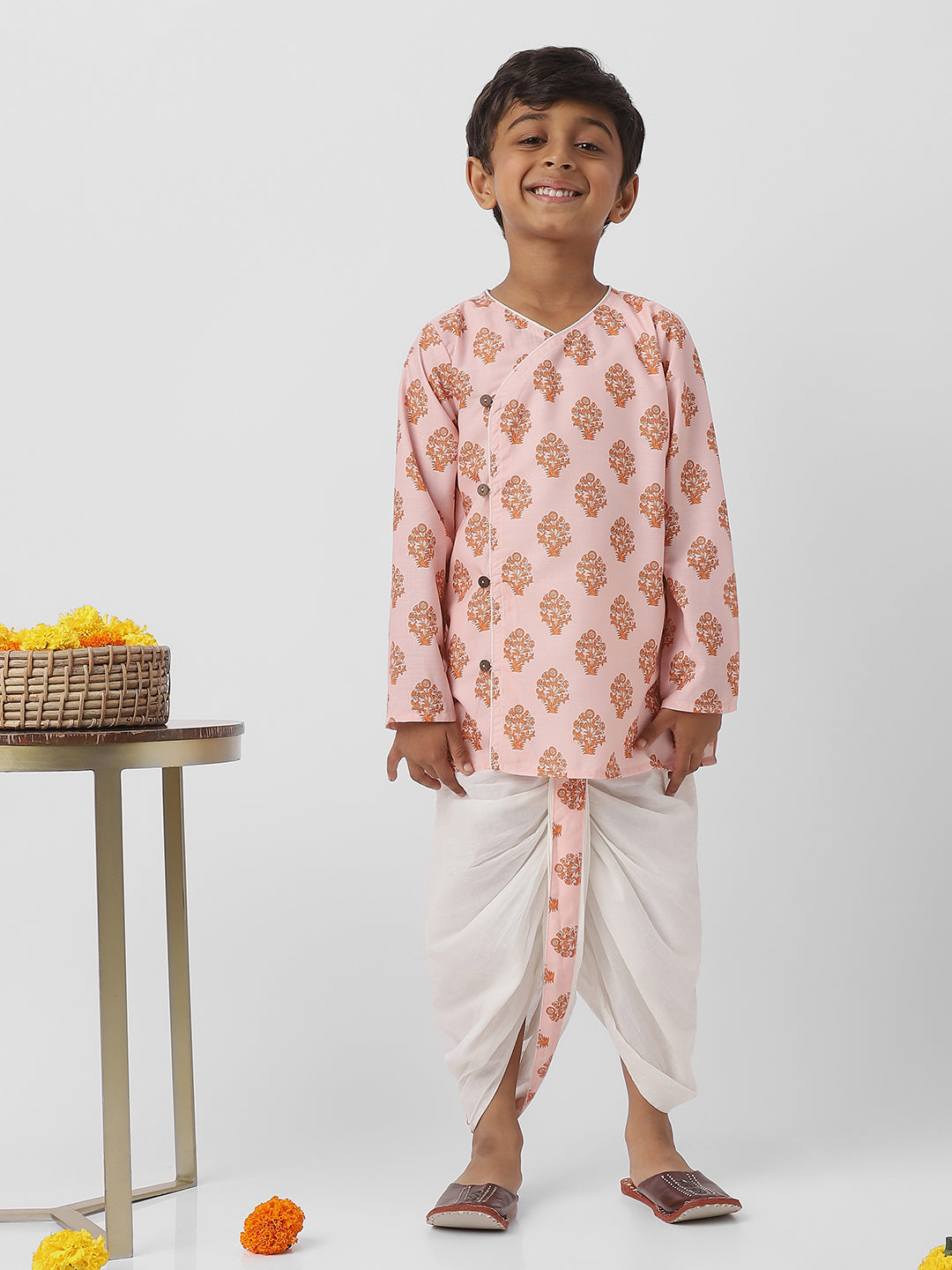 Nautinati Boys Cotton Block Print Kurta Dhoti Set