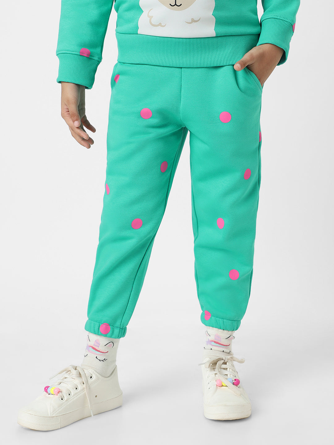 Nautinati Girls' Green Fleece Combo Set of Graphic Print Sweatshirt and Dot Print Joggers