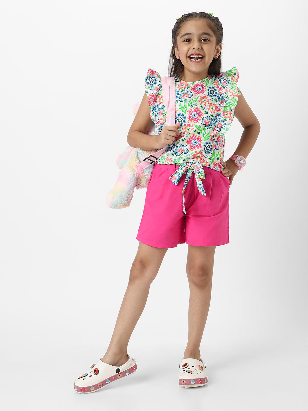 Nautinati Girls' Pink Combo Set of Floral Printed Sleeveless Top with Matching Belt and Solid Shorts