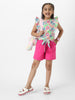 Nautinati Girls' Pink Combo Set of Floral Printed Sleeveless Top with Matching Belt and Solid Shorts