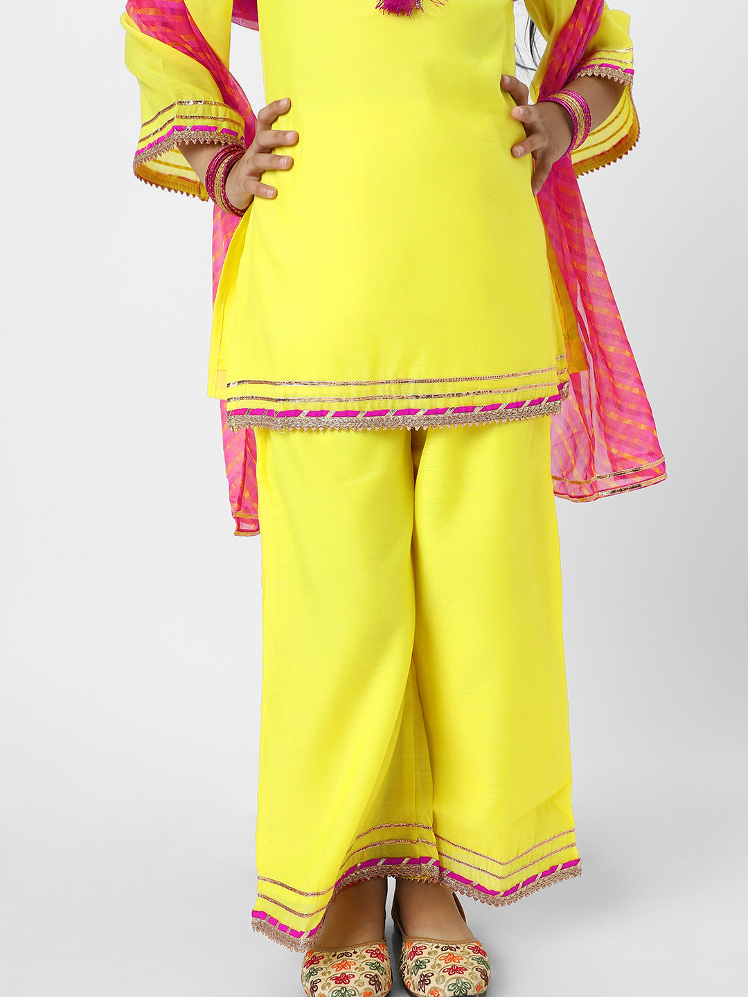 Nautinati Girls' Yellow Tassel Detail Occasion Wear Kurti Set With Printed Chiffon Dupatta