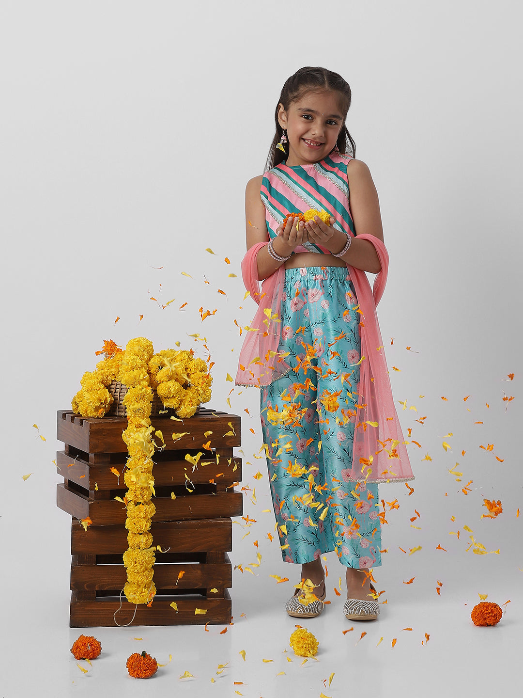 Nautinati Girlsâ€™ Striped Sleeveless Top and Printed Straight Pants with Net Dupatta