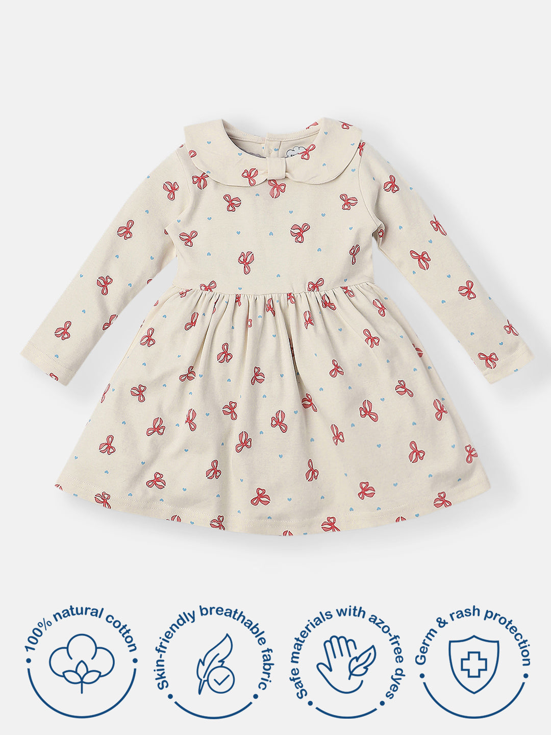 Nautinati Infants Cotton Peter Pan Collar Bow Printed Dress with Headband