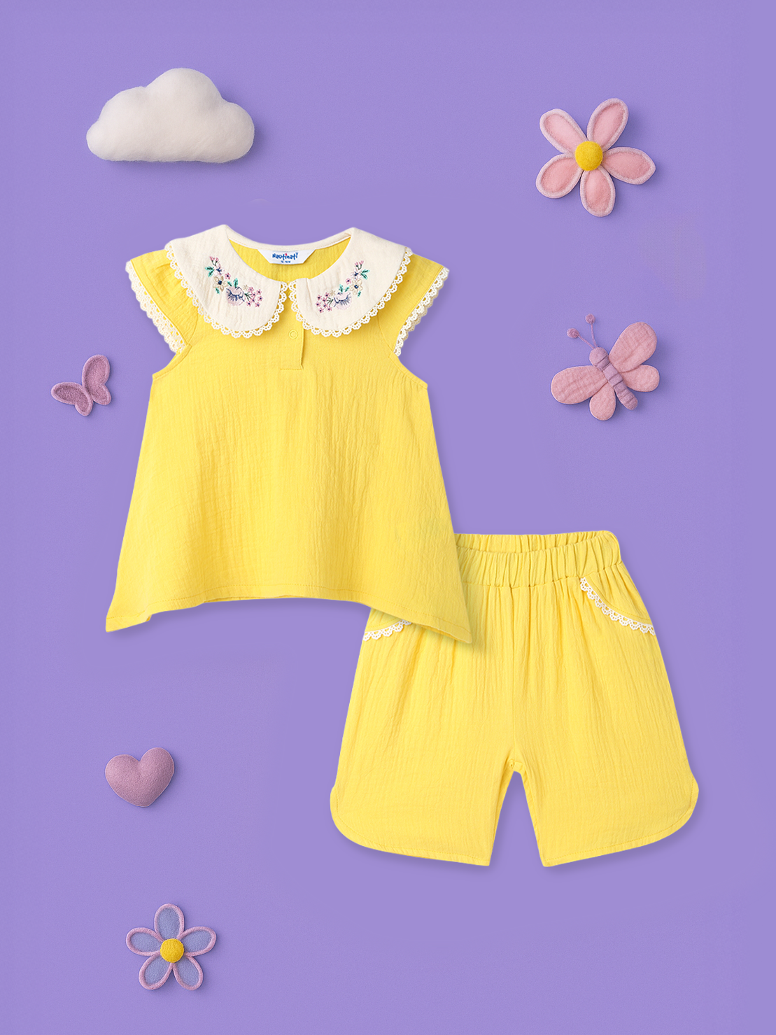 Girls Cotton Top and Shorts Set|Embroidery Detail | Peter Pan Collar | 0-2 Years