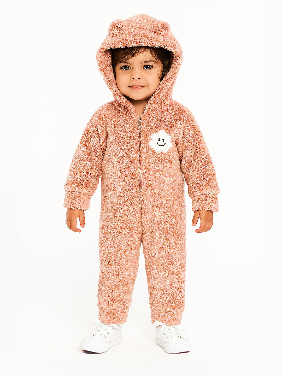 Nautinati Pink Bear Hooded Printed Fur Sleepsuit for Infant Girls