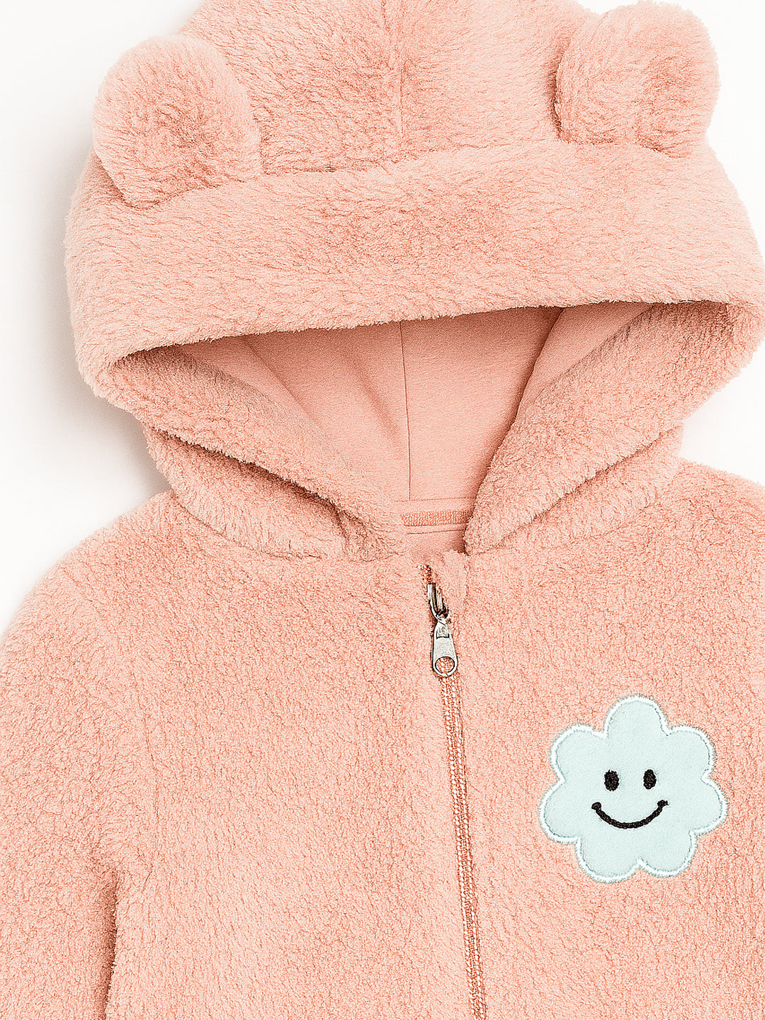 Nautinati Pink Bear Hooded Printed Fur Sleepsuit for Infant Girls