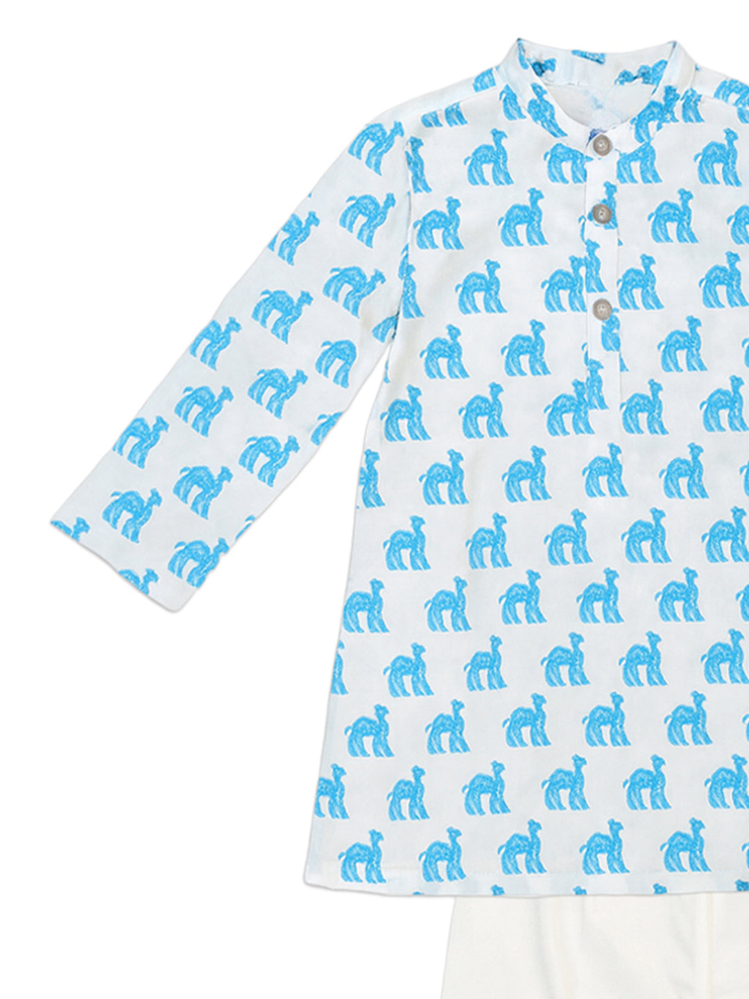 Nautinati Cream & Blue Festive Block-print Kurta and Pyjama Set for Boys