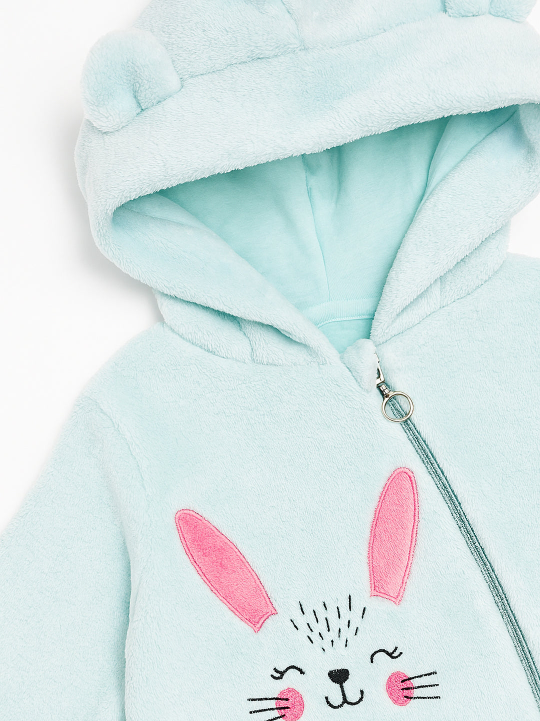 Nautinati Sky Blue Bunny Embroidered Hooded Fur Sleepsuit for Infant Girls
