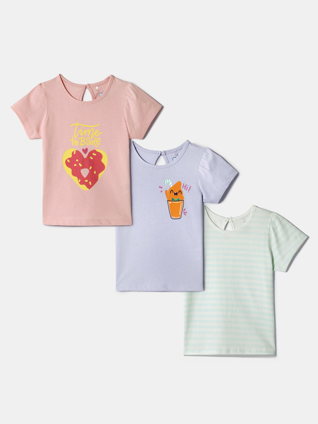 Nautinati Girls' Cotton Tops | Pack of 3 | Printed and Striped| Age 0 - 2 Years