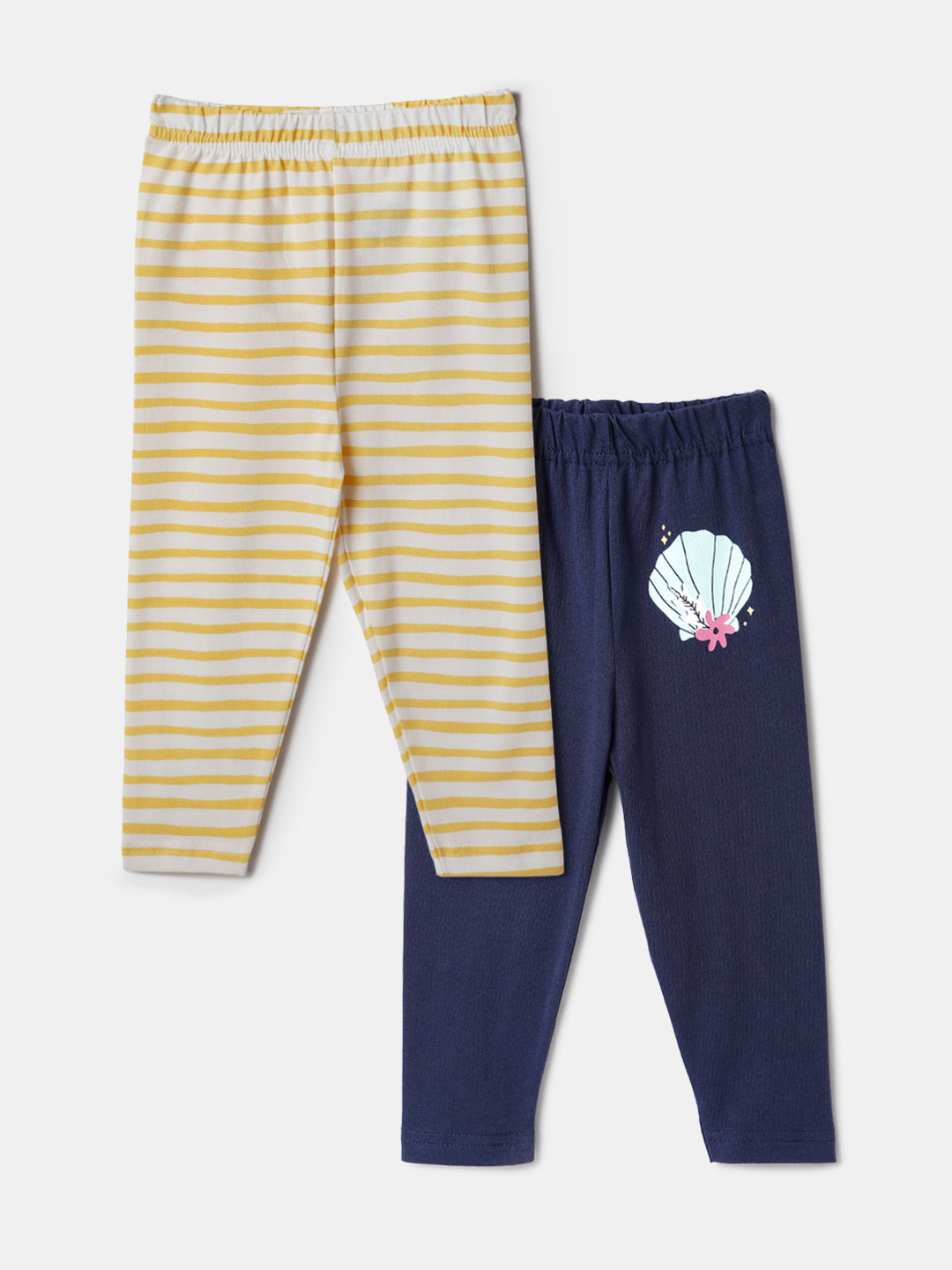 Nautinati Pack of 2 Yellow Striped and White Printed Leggings for Girls