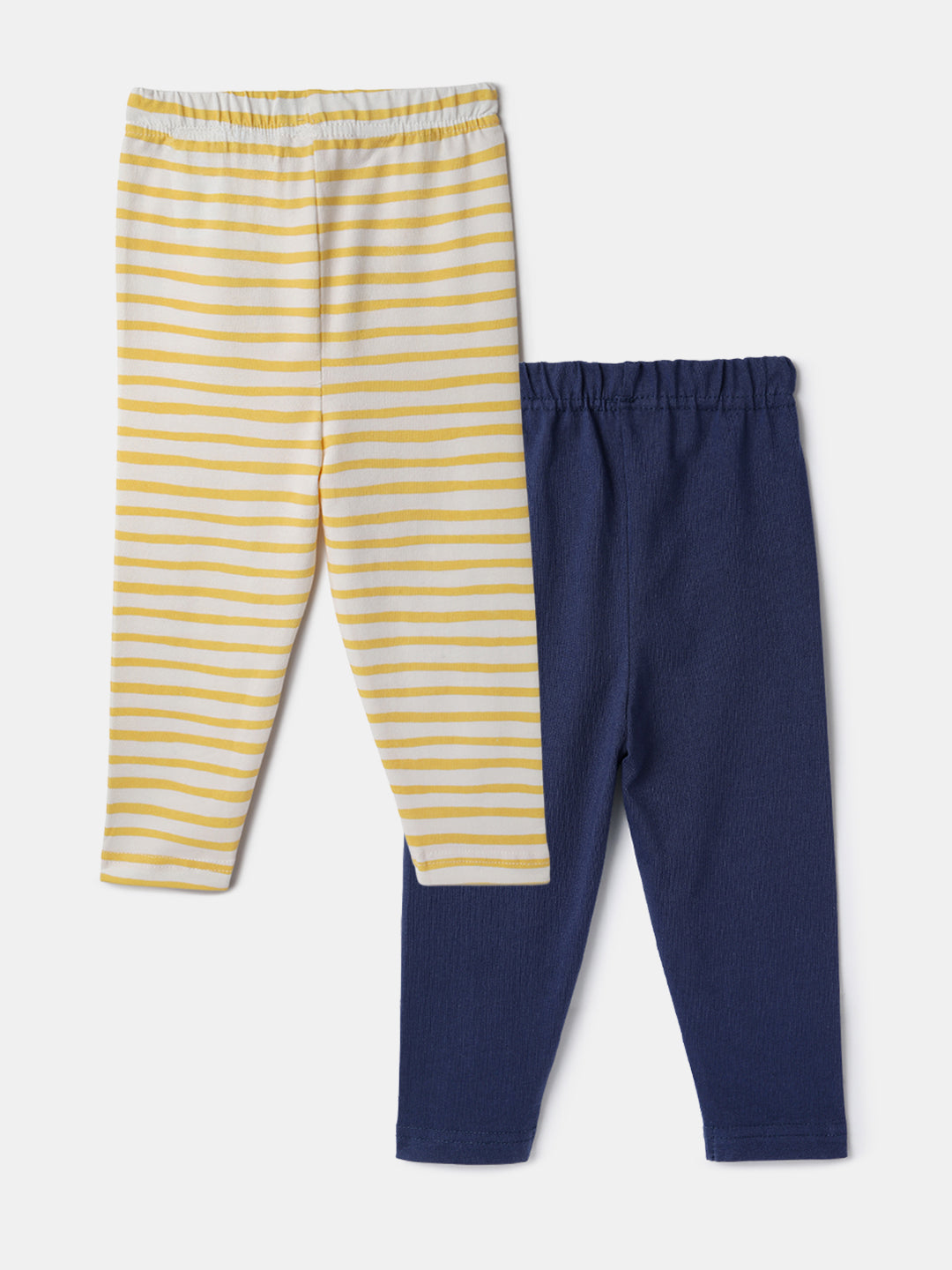 Nautinati Pack of 2 Yellow Striped and White Printed Leggings for Girls