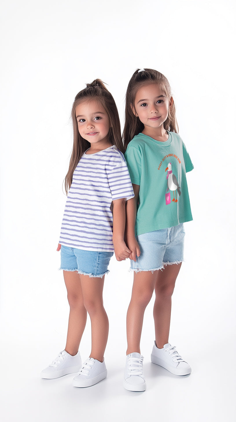 Nautinati Girls' Pack of 2 Cotton Striped and Graphic Printed T-shirts