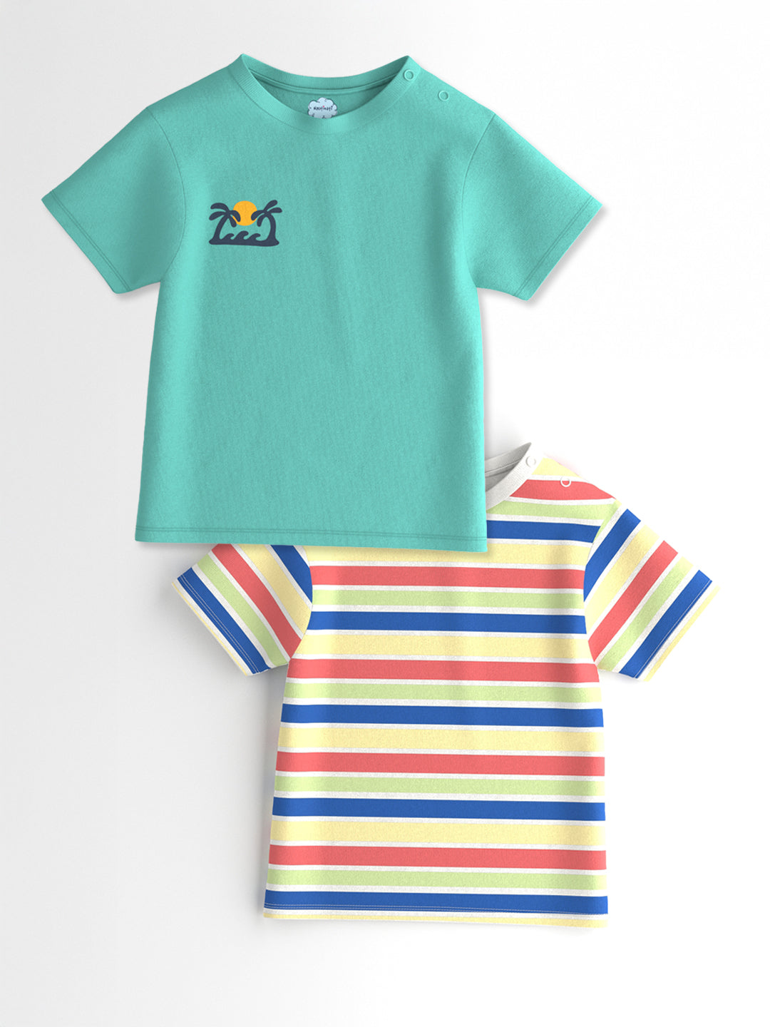 Nautinati Boys' Pack of 2 Cotton Beach Graphic Printed and Striped T-shirts