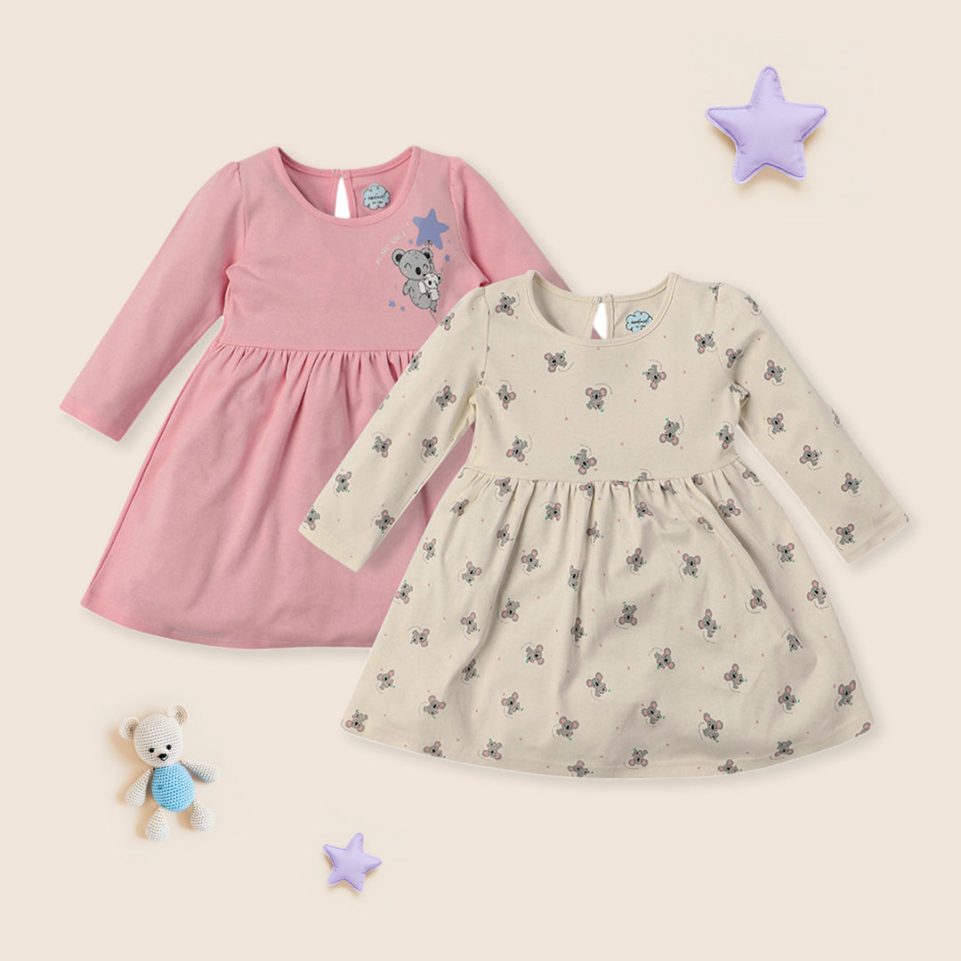 Nautinati Infants Mouse Print Soft Cotton Pack of 2 Dresses